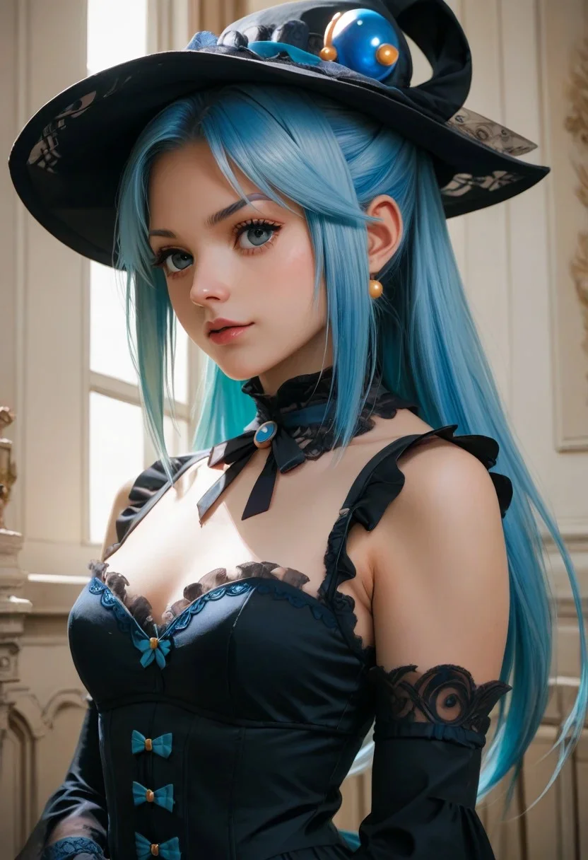 score_9, score_8_up, score_7_up, score_6_up,1girl, face ((cowboy shot)), aqua from konosuba, (blue hair), blue ponytail, long hair, hair ornament, black hat, corset, victorian dress, elegant dress, black dress with red details, high heels, black long gloves, blue eyes, short dress, upper body,