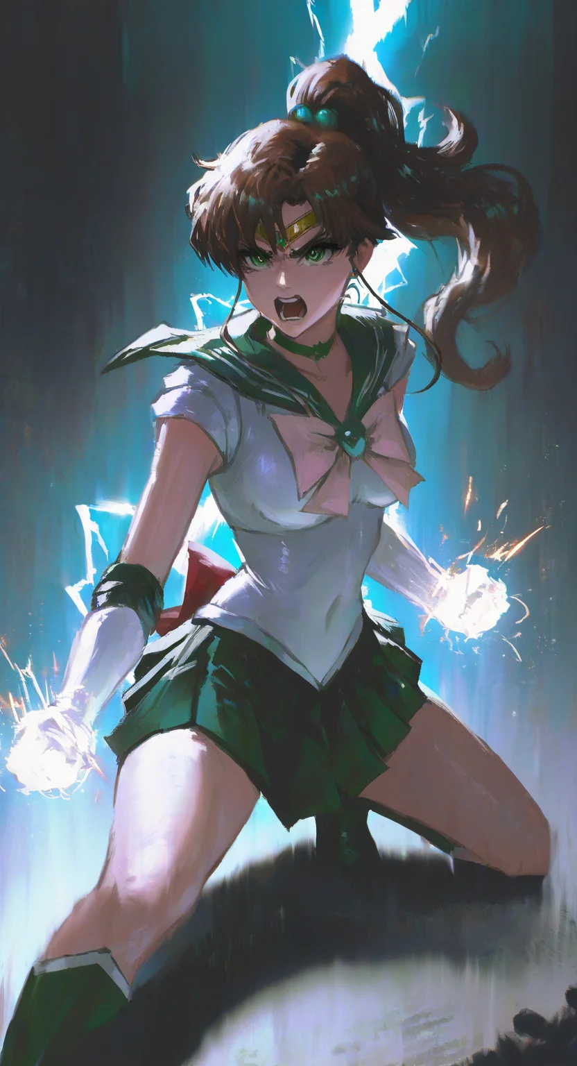 masterpiece, best quality, good quality, very aesthetic, absurdres, newest, kino makoto, bishoujo senshi sailor moon, 1girl, aqua theme, circlet, clenched hands, elbow gloves, gloves, green eyes, green sailor collar, green skirt, impossible clothes, jewelry, lightning, long hair, magical girl, neck, open mouth, ponytail, sailor collar, sailor senshi uniform, skirt, solo, sparks, teeth, white gloves,
Half squat, Cinematic Lighting,Angry, Outburst <lora:ponyv5_noobV065S_1_adamW-000013:0.7> <lora:USNR_STYLE_XL_lokr:0.45> <lora:EtherSDXL:0.15> <lora:shiej007:0.75>