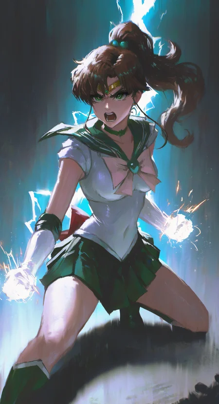 masterpiece, best quality, good quality, very aesthetic, absurdres, newest, kino makoto, bishoujo senshi sailor moon, 1girl, aqua theme, circlet, clenched hands, elbow gloves, gloves, green eyes, green sailor collar, green skirt, impossible clothes, jewelry, lightning, long hair, magical girl, neck, open mouth, ponytail, sailor collar, sailor senshi uniform, skirt, solo, sparks, teeth, white gloves,
Half squat, Cinematic Lighting,Angry, Outburst <lora:ponyv5_noobV065S_1_adamW-000013:0.7> <lora:USNR_STYLE_XL_lokr:0.45> <lora:EtherSDXL:0.15> <lora:shiej007:0.75>