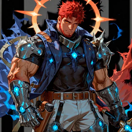 <lora:Hugo__Alchemist_code-000003:.7>, tagatamehugo, 1boy, red hair, spiked hair, bangs, orange eyes, solo, male focus, manly, bara, muscle body, mature male,, sleeveless coat, short sleeve shirt, belt, armor, gloves, glowing, holster, pants, boots,
cowboy shot, 
(very short hair, beard, bara, mature, facial hair, stubble, beard, full beard, sideburn, beard, a lot of beard, ), facial hair,male focus, muscular male, muscular male, bara, mature,  bara, mature, aixiwuganda_(20222192), very awa, masterpiece, best quality, absurdres, newest, perfect quality, detailed background, intricate details,
<lora:slider_Body Type_alpha1.0_rank4_noxattn_last:3><lora:Anime Summer Days 2 Style SDXL_LoRA_Pony Diffusion V6 XL:.6><lora:slider_cfg_scale_boost:.7><lora:Artist6p:.55>, Artist6p, Artist04p,<lora:slider_il_brightness_slider_d1:-1><lora:slider_il_contrast_slider_d1:-1><lora:slider_DarkSlider1.2_alpha1.0_rank16_full_300steps:-.6><lora:slider_contract_controller_illus01_v1:.5>,