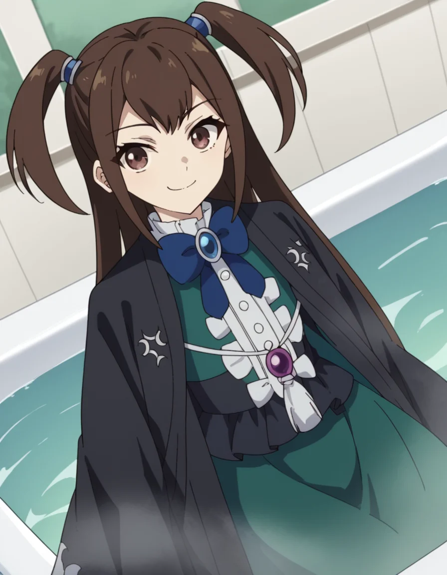 score_9, score_8_up, score_7_up, source_anime, <lora:kizuna-kazayama-s2-ponyxl-lora-nochekaiser:1>, kizuna kazayama, long hair, brown hair, brown eyes, two side up,, long sleeves, dress, bow, frills, wide sleeves, bowtie, cape, blue bow, brooch, green dress, black cape,, bathtub, water, bubbles, steam, towel, smile, smug, looking at viewer, solo,, dutch angle, cowboy shot