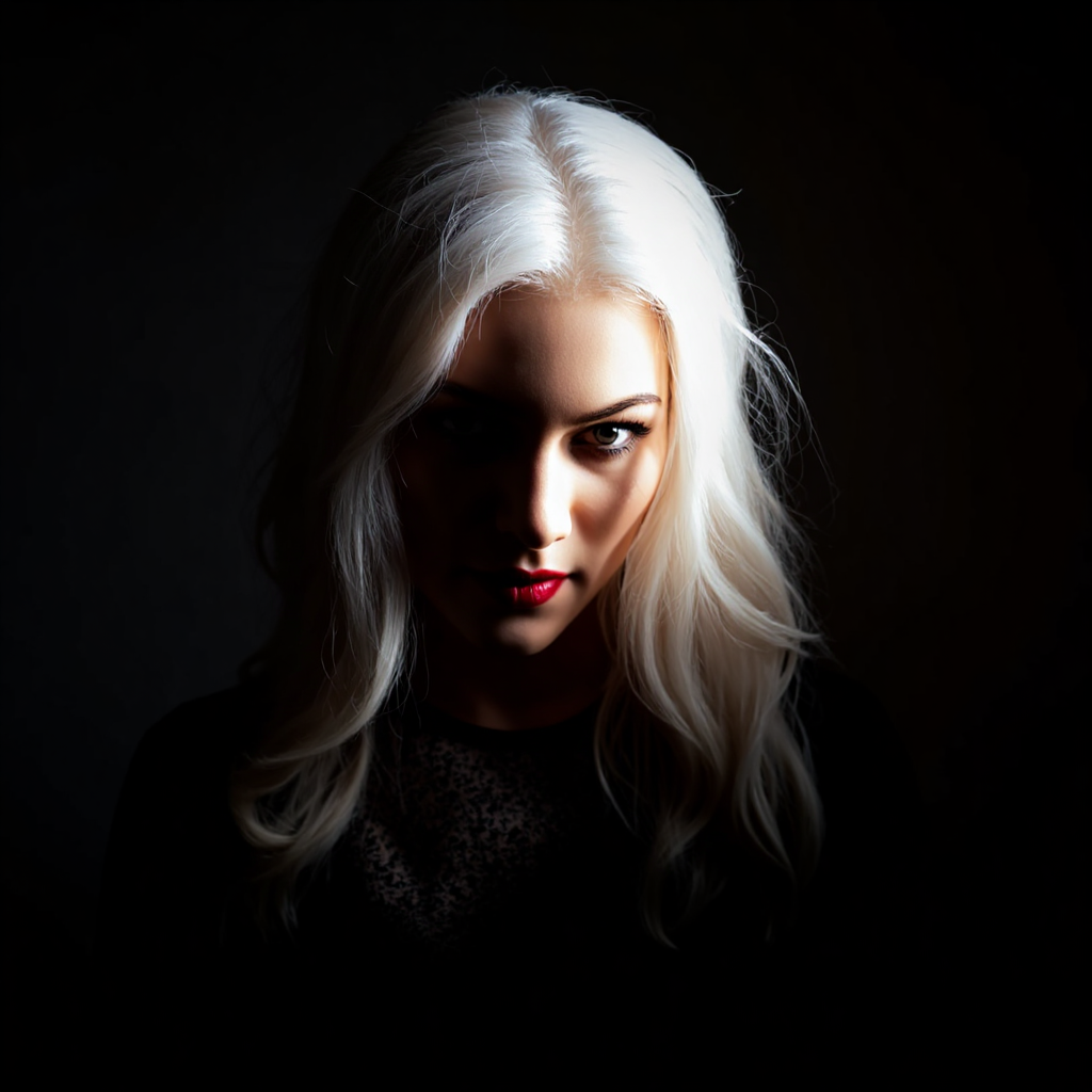 3rotic4. Silhouette Art, magnificent, dark background, portrait of stunning oriental woman, platinum hair, seductive, sultry, lustful, red lips, light hitting one side of face