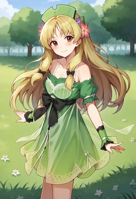 score_9, score_7_up, hd, (ultra hd quality details), source_anime, outdoors, grass,
solo, 1girl, aaayesha, blonde hair, long hair, brown eyes, hair flower,
ayeshadef, green dress, light green dress, see-through, green shirt, hat, waist bow, black bow, wrist cuffs, green skirt, bare shoulders,
looking at viewer, blush, smile,
standing, from side,
<lora:_ayesha_altugle-elesico-pony-000011:1>