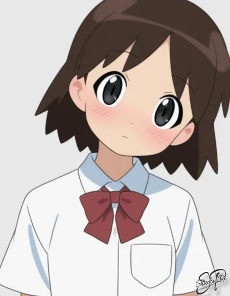 Sh1w4su, short hair, brown hair, 1girl, black eyes, masterpiece, best quality, amazing quality, very aesthetic, newest, scenery, uncensored, 1girl, solo, looking at viewer, blush, simple background, shirt, white background, ribbon, closed mouth, school uniform, white shirt, upper body, short sleeves, collared shirt, bowtie, grey background, red bow, red ribbon, head tilt, dress shirt, neck ribbon, expressionless, wing collar, red bowtie, pocket, dot nose, breast pocket