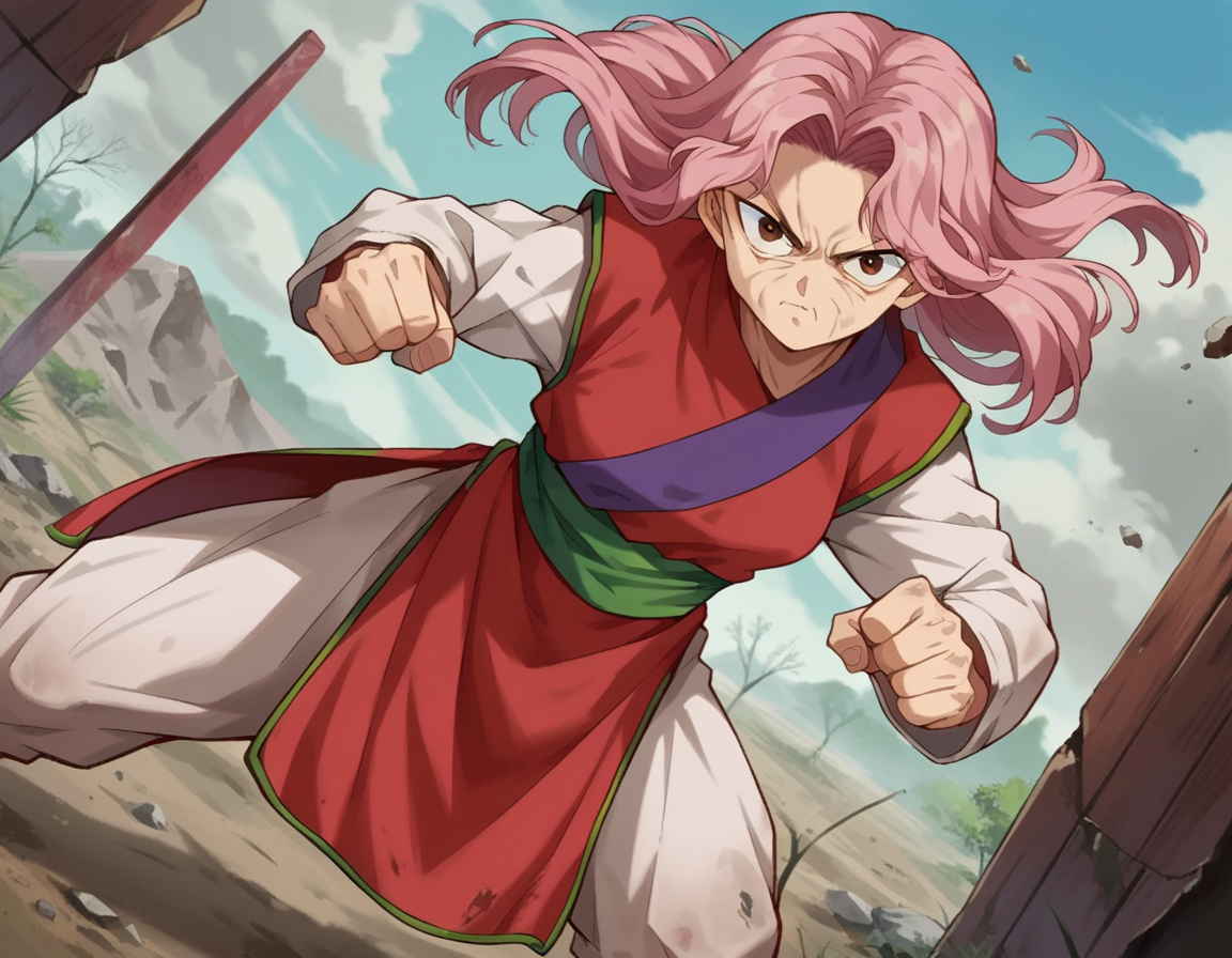 score_9, score_8_up, score_7_up, source_anime,
yyhgenkai, <lora:yyh-genkai-anime-ponyxl-lora-nochekaiser:1>,
genkai, long hair, brown eyes, pink hair, wrinkled skin, 
long sleeves, pants, sash, chinese clothes,
outdoors, wasteland, fighting stance,
looking at viewer, dutch angle, cowboy shot,