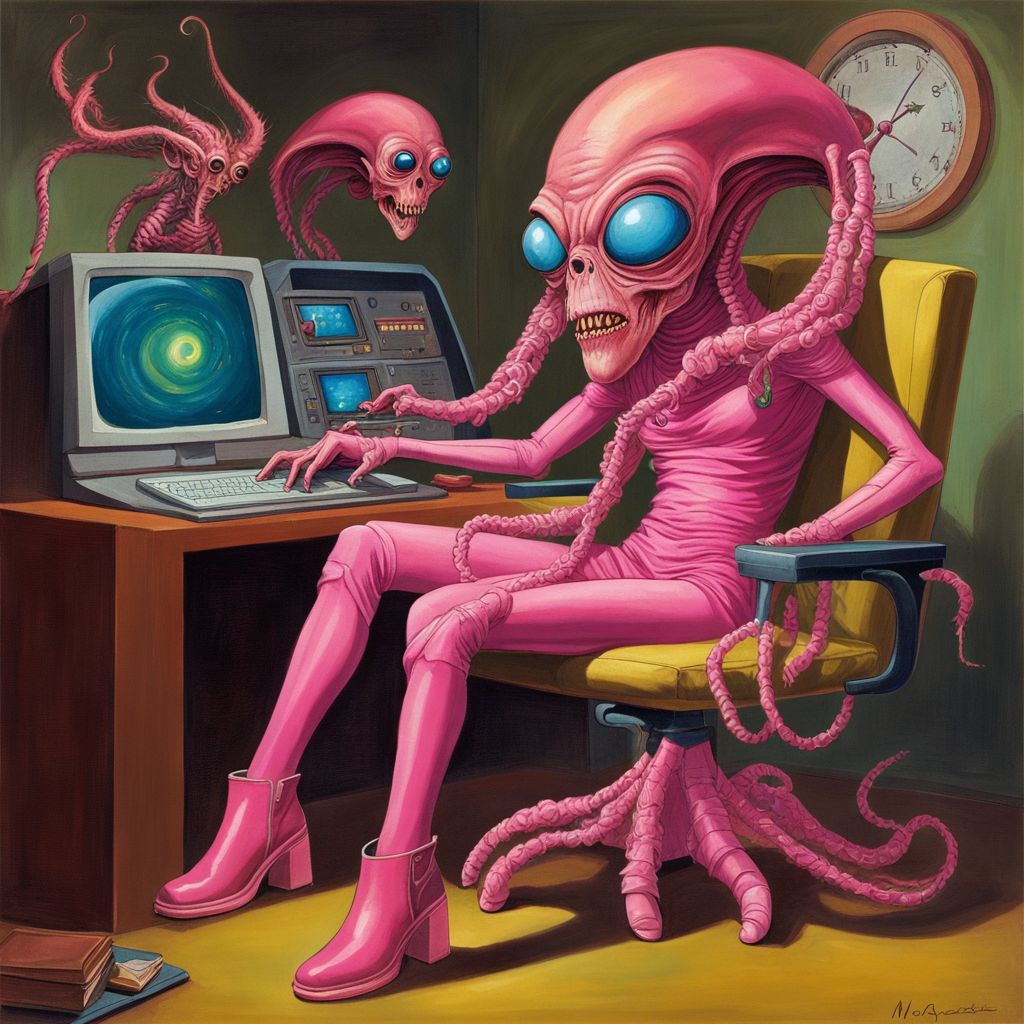 an alien woman in pink boots sitting on a chair in front of a computer desk VintageMagStyle <lora:SDXL-VintageMagStyle-Lora:0.8>  but the old gods are rising  <lora:Old_gods_rising_SDXL:0.8>