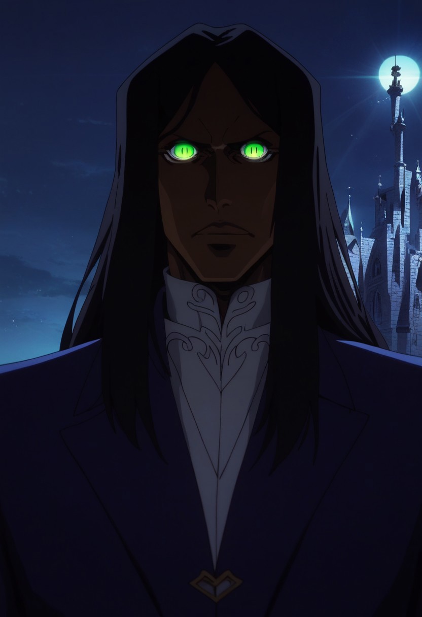 score_9, score_8_up, score_7_up, score_6_up, score_5_up, score_4_up, castlevania_(netflix), castlevania style, castl3van1a5tyl3, (olrox), (perfect face, perfect eyes), BREAK, 1male, long black hair, dark-skinned_male, dark skin,, eyelashes, bleach style, (green eyes, glowing eyes, slit_pupils), fancy clothes, castlevania style, light shining, rays of light, night, Outside at night, a walled village in the distance, towers, stone,AddXL, sm_an_stl ,source_anime, anime screencap, anime, animification