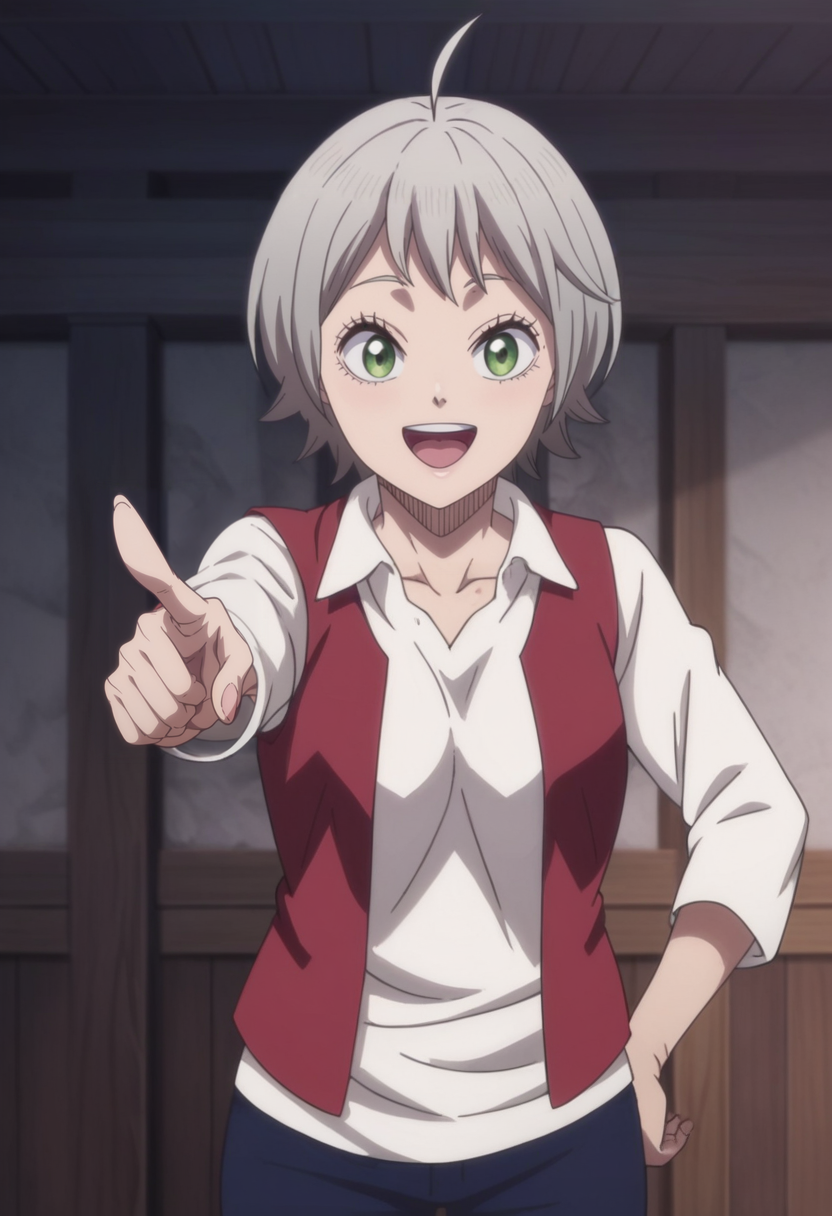 source_anime,anime screencap, anime coloring,intricate details,rating_explicit, masterpiece, best quality,
(best quality, absurd res, ultra detailed),,(4 finger:0.5),1girl, ((solo)), good eyes,perfect eyes,,detailed eyes, zPDXLxxx , zPDXL3,detailed, detailed face
BREAK
solo,indoors,standing,front view,pointing at viewer,
richita, 1girl, green eyes, short hair, ahoge, grey hair, white shirt, red vest, blue pants,
smile,:D,open mouth,
, <lora:add-detail-xl:2>  <lora:Richita:0.8>