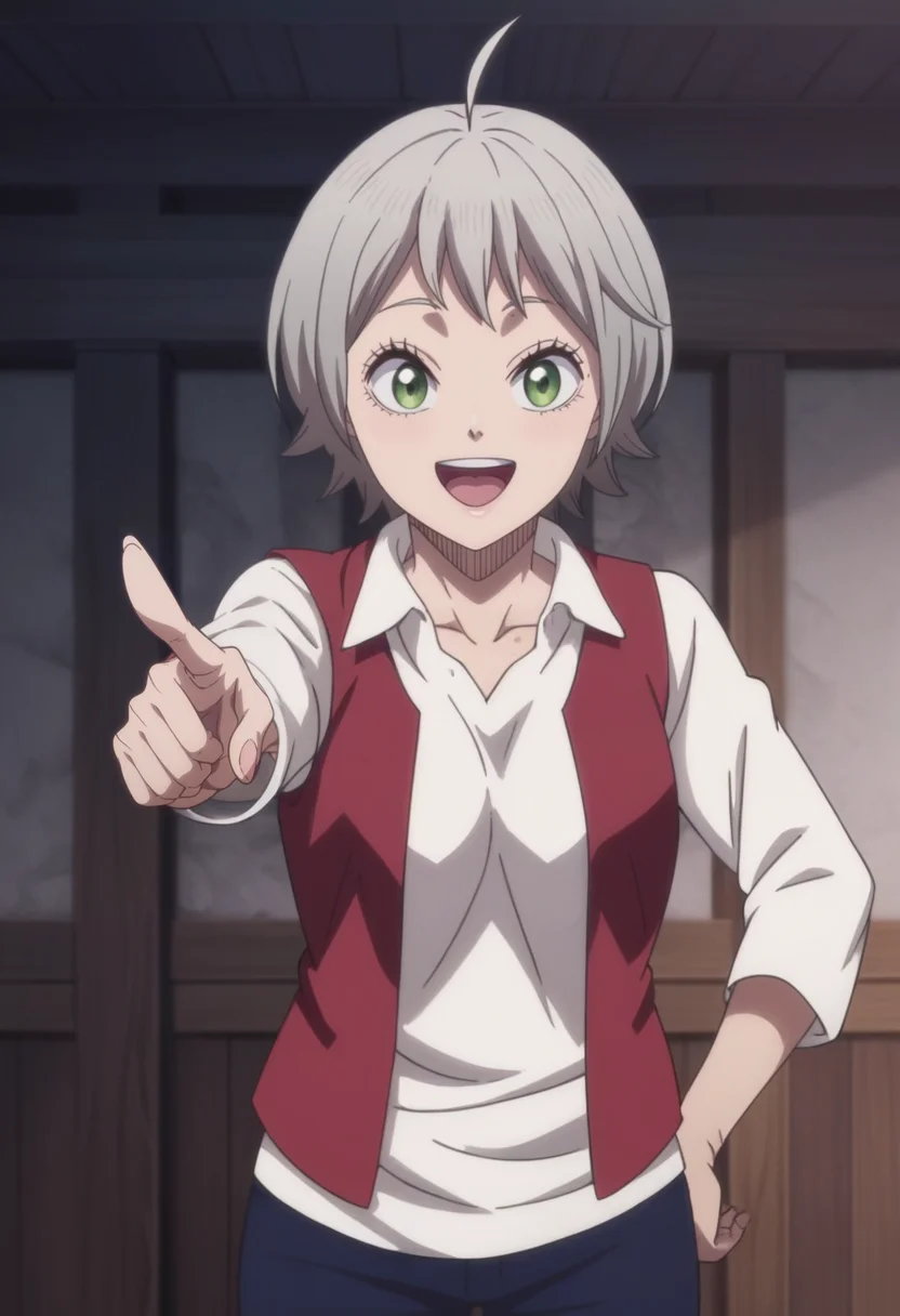 source_anime,anime screencap, anime coloring,intricate details,rating_explicit, masterpiece, best quality,
(best quality, absurd res, ultra detailed),,(4 finger:0.5),1girl, ((solo)), good eyes,perfect eyes,,detailed eyes, zPDXLxxx , zPDXL3,detailed, detailed face
BREAK
solo,indoors,standing,front view,pointing at viewer,
richita, 1girl, green eyes, short hair, ahoge, grey hair, white shirt, red vest, blue pants,
smile,:D,open mouth,
, <lora:add-detail-xl:2>  <lora:Richita:0.8>