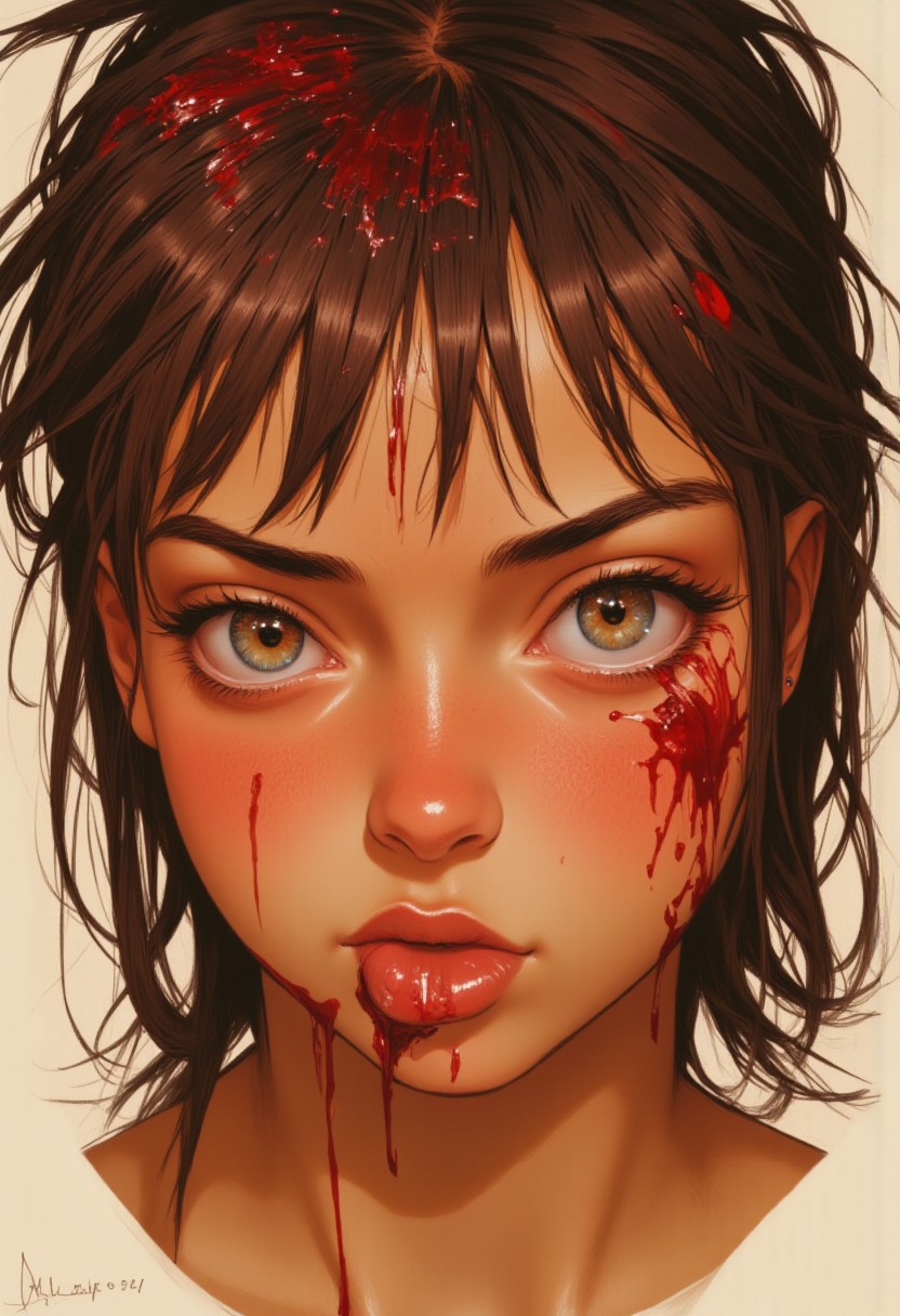 chatgptghibli , ArtfulNSFW, mythp0rt, This is a digital illustration that focuses closely on the face of a young woman. The image is rendered in a semi-realistic, painterly style with a focus on texture and color blending. The subject's skin tone is a warm, beige-brown, and the face is partially covered in blood, which is painted in vivid red hues, giving a sense of urgency and intensity. The blood is smeared and splattered, with some dripping down the face, suggesting a recent injury or trauma. The subject's eye is partially visible, with a sky blue iris and a hint of a tear running down the cheek. The eye is slightly narrowed, adding a sense of tension or focus. The person's dark, wet hair is partially covering their forehead, adding to the chaotic and intense atmosphere of the scene. The background is not visible, keeping the focus entirely on the face and the emotional impact of the blood and injury.