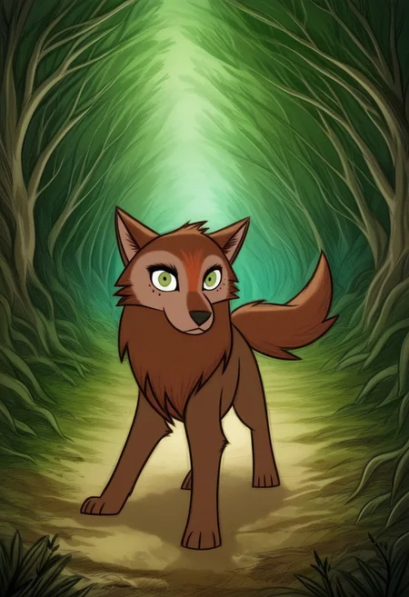 (zPDXL3), full body, solo, furry, best quality, mebh_wolf, full body, pokemon (creature), animal, wolf, green eyes, animal focus, looking at viewer, dynamic pose, outdoors, forest, dynamic angle