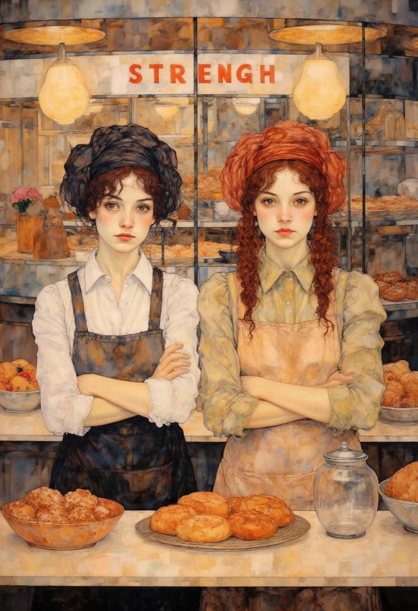 This is a highly detailed, realistic drawing created in a painterly digital medium. It features two young women standing behind a bakery counter. Both women have fair skin with rosy cheeks and wear aprons over long-sleeved shirts. The woman on the left has short, brown hair, and she is wearing a dark apron over a white shirt. She has a serious expression and her arms are crossed. The woman on the right has long, auburn hair styled in two braids, and she is wearing a light beige apron over a light green shirt. She has a neutral expression and her arms are also crossed. The background reveals a bustling bakery scene with shelves filled with bread, pastries, and other baked goods. The counter in front of the women is cluttered with various items, including a bowl of fruit, a glass jar, and a plate of pastries. Above the counter, a sign reads "STRENGTH" in bold red letters. The lighting is warm, with soft, yellowish tones emanating from the overhead lamps, casting gentle shadows on the women and the bakery items. The overall atmosphere is one of warmth and industriousness, with a focus on the human subjects and their interactions with the bakery environment.