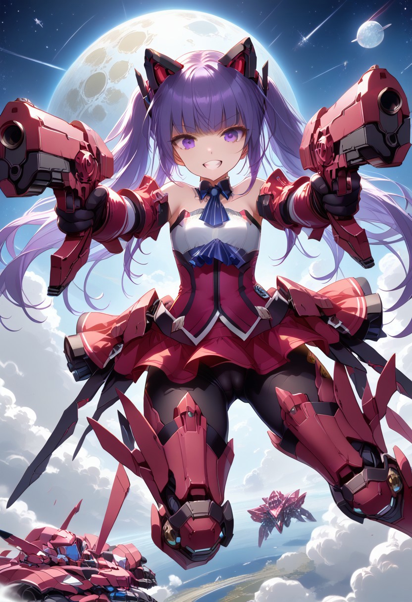 solo, score_9, score_8_up, score_7_up, source_anime, masterpiece, best quality, 1girl, icjayk, purple hair, twintails, blunt bangs, purple eyes, flat chest, small breasts,mecha musume, red armor,  gauntlets,  armored boots, red leotard, detached collar,  purple leotard, red gloves,  elbow gloves, red skirt, microskirt, fake animal ears, bare shoulders, black pantyhose, cameltoe, flying through space, space, galaxy, moon in background, dual pistols, aiming pistol against the camera, mecha musume, smile with teeth, naughty smile, covered nipples,