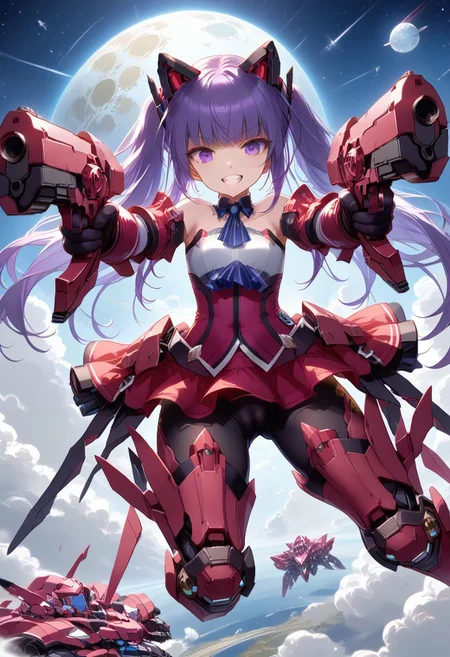 solo, score_9, score_8_up, score_7_up, source_anime, masterpiece, best quality, 1girl, icjayk, purple hair, twintails, blunt bangs, purple eyes, flat chest, small breasts,mecha musume, red armor,  gauntlets,  armored boots, red leotard, detached collar,  purple leotard, red gloves,  elbow gloves, red skirt, microskirt, fake animal ears, bare shoulders, black pantyhose, cameltoe, flying through space, space, galaxy, moon in background, dual pistols, aiming pistol against the camera, mecha musume, smile with teeth, naughty smile, covered nipples,