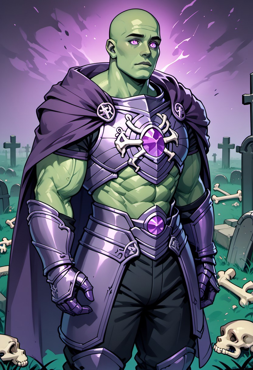 score_9, score_8_up, score_7_up, high quality, massive undead human male, bald, green skin, glowing purple eyes, muscular build, purple gem in chest, (purple cloak), black pants, (bone armor:1.3), dark and menacing, fantasy graveyard background, swirling mist, eerie atmosphere