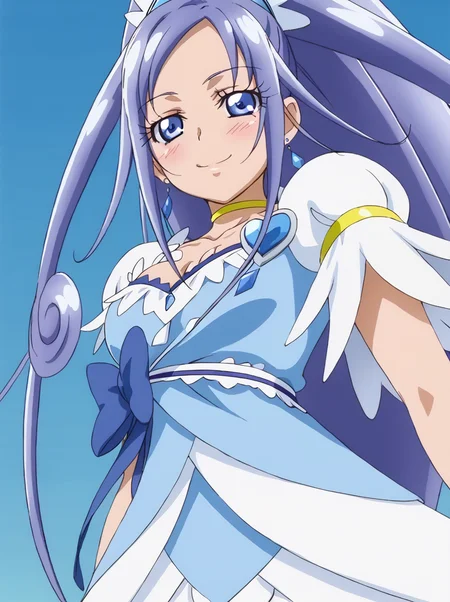 <lora:curediamond.pony:1>,
curediamond,
large breasts, 
half-closed eyes, seductive smile, blush, 
low angle, 
blue background,