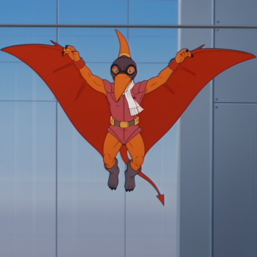 masterpiece, best quality, amazing quality, DactylDsil, anthro, male, pterosaur, orange skin,blue blue eyes, winged arms, dark orange wings, red leotard, white scarf, black goggles, grey aviation helmet, grey boots, dark orange wristbands, grey belt, yellow belt pouch,, solo, 1boy, full body, flying