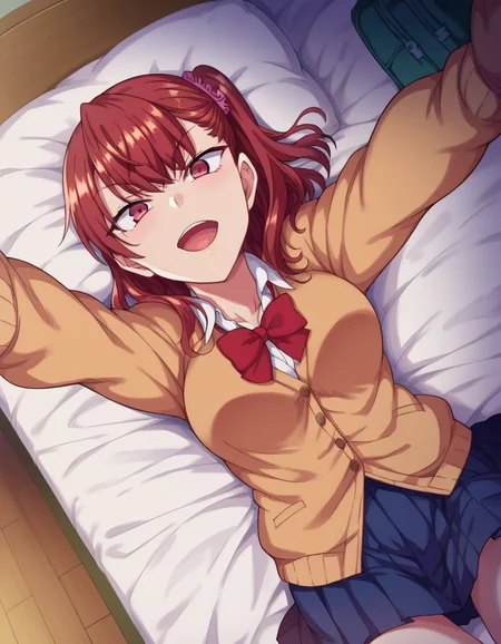 score_9, score_8_up, score_7_up, source_anime,
izuminogami, <lora:izumi-nogami-ponyxl-lora-nochekaiser:1>
izumi nogami, red hair, one side up, medium hair, scrunchie, red eyes,
skirt, school uniform, pleated skirt, shoes, socks, cardigan, brown cardigan,
indoors, bed, bed room, on back, arm support, arms up, incoming hug, pov, reaching, reaching towards viewer,
looking at viewer, dutch angle, cowboy shot,