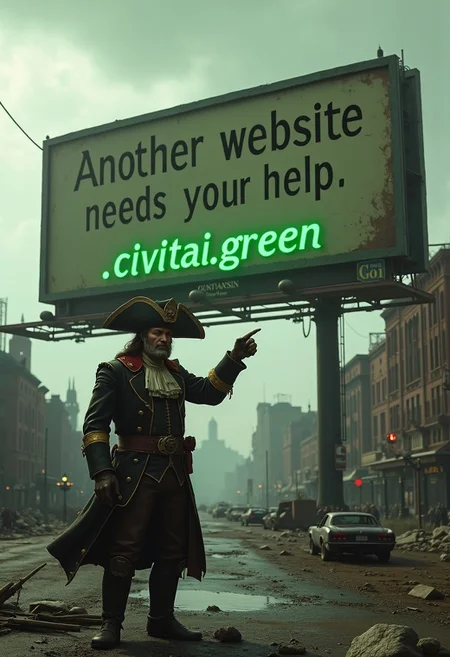 Preston Garvey, the iconic character from Fallout 4, is standing in a ruined, post-apocalyptic version of Boston. He’s wearing his signature Minuteman uniform—dusty, weather-worn, and complete with a tricorn hat and long coat. His expression is exaggerated, with a comical, meme-worthy smile as he confidently points at a massive, crumbling billboard in the background. The billboard, faded and rusted, still stands tall amidst the destruction. In large, bold letters, it reads, “Another website needs your help.” Below this text, in bright green letters, it says, “civitai.green.” The green text is starkly contrasted against the dreary, decayed surroundings, drawing attention to the humorous message.
The background is filled with remnants of the old world—destroyed buildings, broken streets, and the general desolation that characterizes the Fallout universe. The sky is overcast with a sickly greenish hue, adding to the grim atmosphere. However, the scene is lightened by the absurdity of the situation, with Preston’s exaggerated smile and the out-of-place billboard message adding a layer of dark humor. A few remnants of pre-war civilization, like an old car and some fallen street signs, litter the foreground, further emphasizing the post-apocalyptic setting.