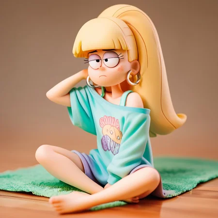 score_9, score_8_up, score_7_up, score_6_up, score_5_up, nocunoct, 1girls, Pacifica, blond hair, sitting on the floor, loose top, exposed shoulder, hoop earrings, solo