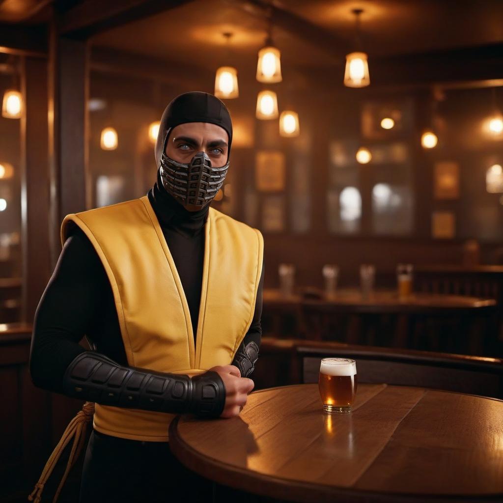 cinematic photo a full body ninja 1boy with a mask, white eyes, having a beer in a pub  <lora:Scorpion1995-1024:0.8> . 35mm photograph, film, bokeh, professional, 4k, highly detailed