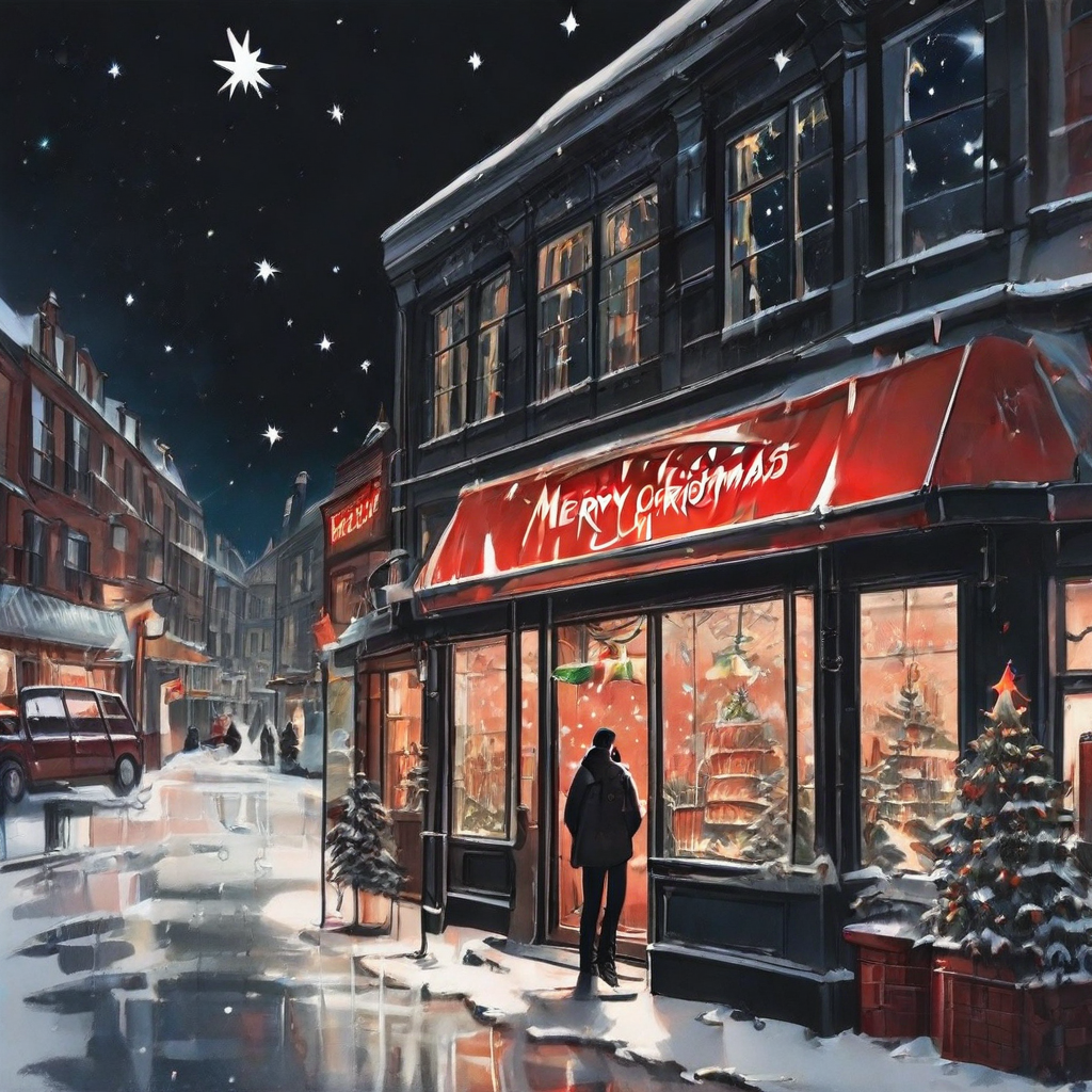 car, solo, city, standing, merry christmas, christmas, star (sky), window, snowing, scenery, storefront, cityscape, house, pants, black hair, door, black pants, sign, plant, snow, shop