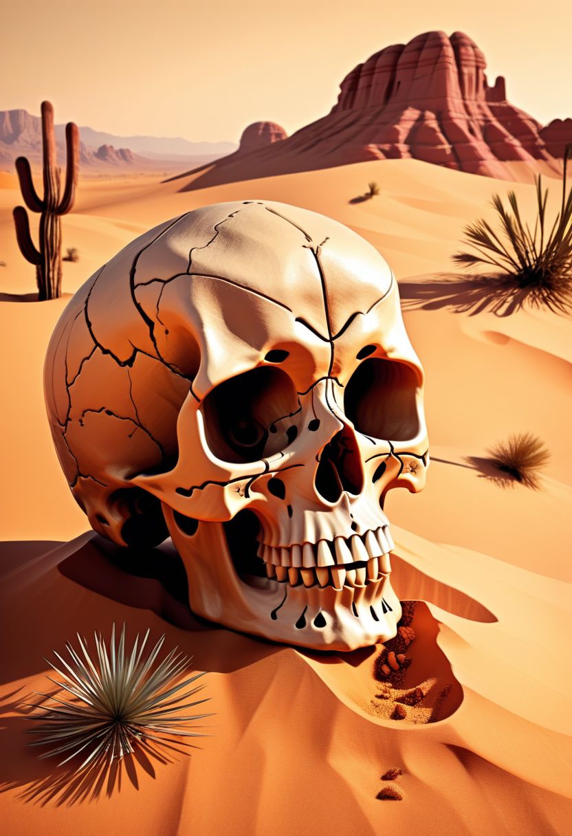 Award winning illustration of a skull in a desert