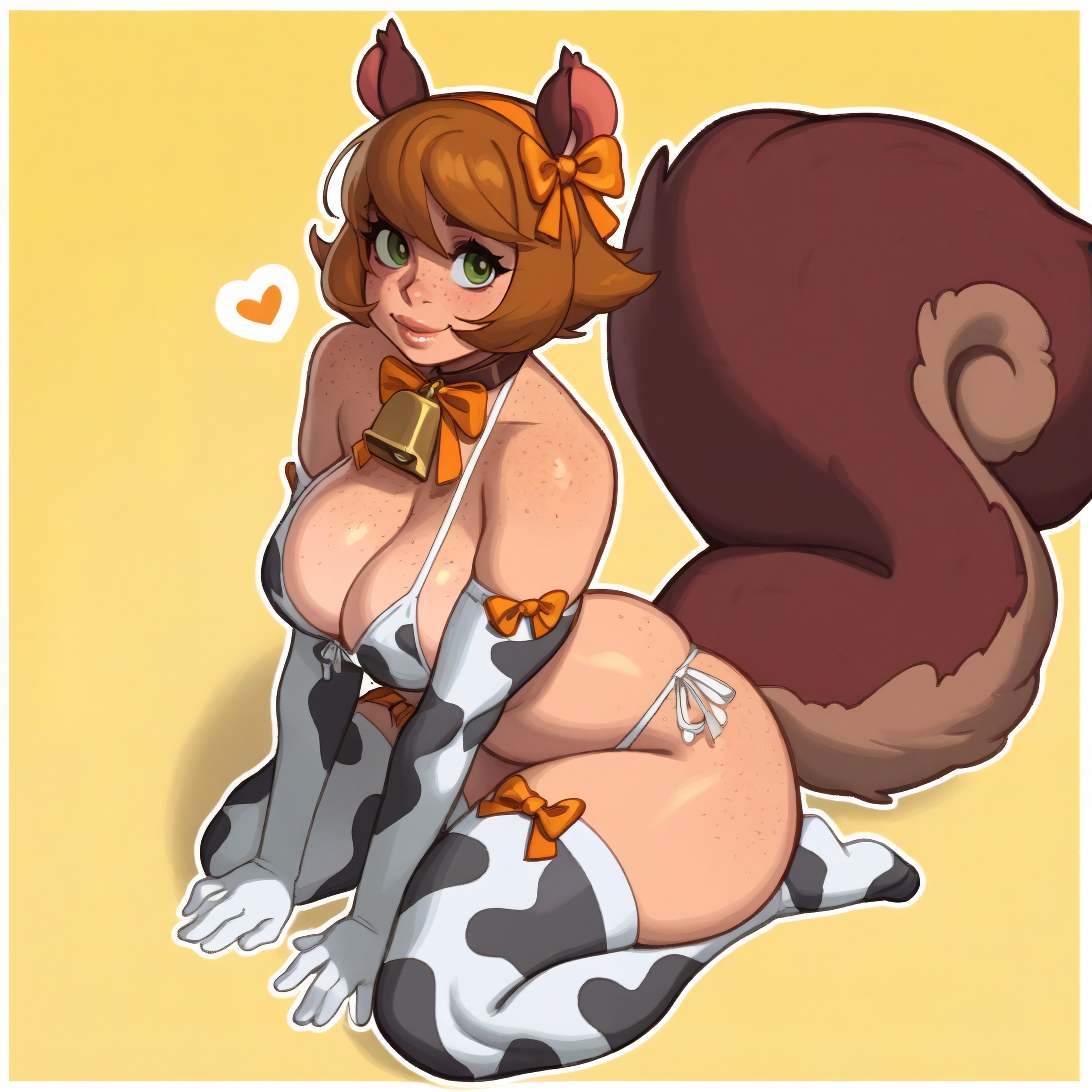 masterpiece, best quality, very aesthetic, yellow background,1girl, sqgrl, short hair,brown hair, squirrel tail, freckles, body freckles, animal ears,green eyes, curvy, large breasts,alternate costume,tied bikini,cow print,neck bell,elbow gloves,orange bow,ribbon,thighhighs,knees together feet apart, wariza,lips,smile,looking at viewer,heart,from above,outline <lora:sqgrl_n11:0.8> <lora:riz_n11_t1:1>