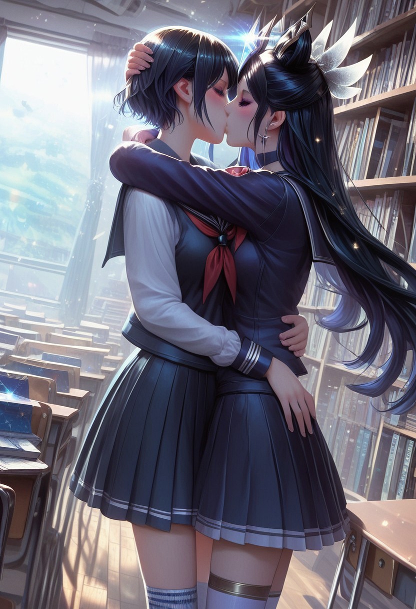 score_9, score_8_up, score_7_up, source_anime, <lora:Fixhands_anime_bdsqlsz_V1:1>, <lora:Expressive_H:0.7>, Expressiveh,
masterpiece, highres, ultra detailed, best quality, extremely detailed face, perfect lighting,
beautiful skin, shiny hair, shiny eyes, eyelashes, detailed eyes, kiss, closed eyes, blush, long hair,
multiple girls, 2girls, yuri, school uniform, skirt, serafuku, pleated skirt, socks, long sleeves, couple, sailor collar, kneehighs, school, library, bookshelf, book, short cut, standing, hug, neckerchief, light particles:1.5, indoors, cowboy shot, 
<lora:daisyuki_pony_V1.0:0.7>, daisyuki, girl 1 is prestige star guardian syndra
