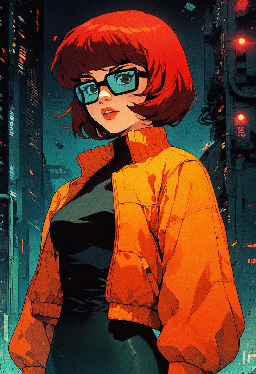 <lora:Kenva:1.0> score_9, knva, halftone effect, 1girl, solo, cyberpunk, Velma Dinkley, jacket,