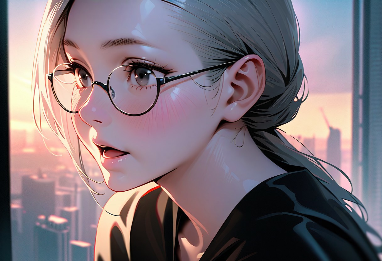 (graphic novel style, dark novel style:1.5),(anime), (masterpiece:1.4), (soft cinematic light:1.1), incredibly lifelike, Extremely high-resolution details, 8k, best quality,extremely detailed, contrast,
high tech design,
 gallery of contemporary art, inside, portrait old woman against the backdrop of a giant floor-to-ceiling window, through which one can see a city landscape with skyscrapers and a sunset , open mouth, one portrait ((elderly)) woman in a ((black long dress)) and black high-heeled shoes, elderly, old woman, [Nordic], Hourglass elongated body, Oval Face, Long neck, Rounded shoulders, long slim thin arms, Attached Pointed ears, round forehead, (gray Updo short combed back hair), snub nose, Arched eyebrows, Monolid black Eyes, High Round Narrow cheekbones, Hollow Cheeks, Rounded Chin, Rounded Jawline, thin Lips, (black eyes), (square glasses), Wrinkles and Fine Lines,