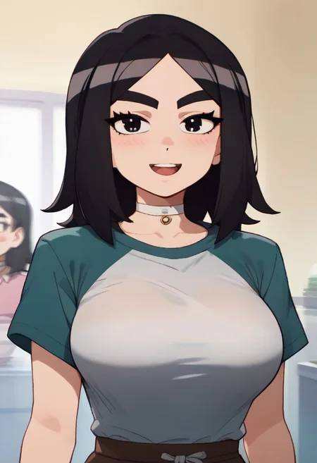 score_9, score_8_up, score_8_up, StaceyPilgrim, 1girl, solo, black hair, shirt, black eyes, upper body, short sleeves, big breasts, open mouth, choker, medium hair, blush, parted lips, bangs, long hair, thick eyebrows , looking at viewer,smile, cowboy shot,
