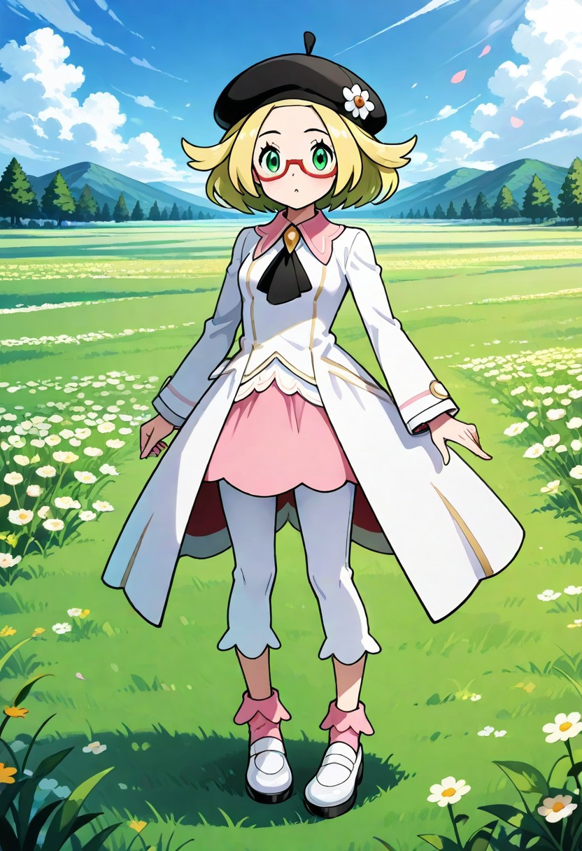 2d, masterpiece, best quality, amazing quality, absurdres, newest, 1girl, solo, full-body, standing, sky, meadow, day, clouds, looking at viewer, ncbianca, [[bianca_\(pokemon\)]], short_hair, blonde_hair, hat, green_eyes, shoes, glasses, bobby socks, pink socks, white pants, white_footwear, white_coat, black_ascot, black_headwear, pink_collared_dress, beret, semi-rimless_eyewear