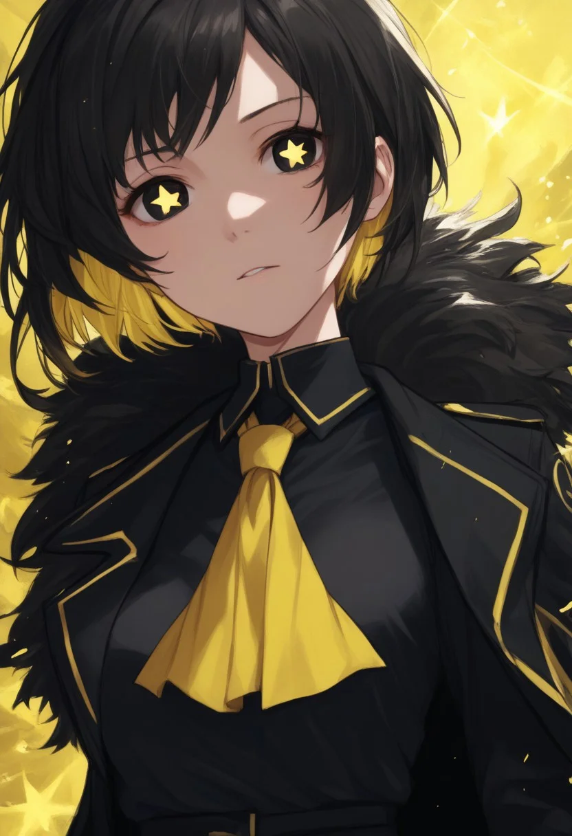 BREAK,
(score_9, score_8_up, score_7_up, score_6_up, score_5_up, score_4_up), colored image,
BREAK,
BinahPM, multicolored hair, black hair, yellow hair, black eyes, short hair, BinahLOR, black dress, yellow ascot, black pants, black footwear, black coat, open coat, fur trim, medium breasts, EyesHD,
BREAK,
((solo, woman, one character)), close view, face view, beautiful eyes, plain black pupils, stars in pupils, warm yellow glow, detailed face,