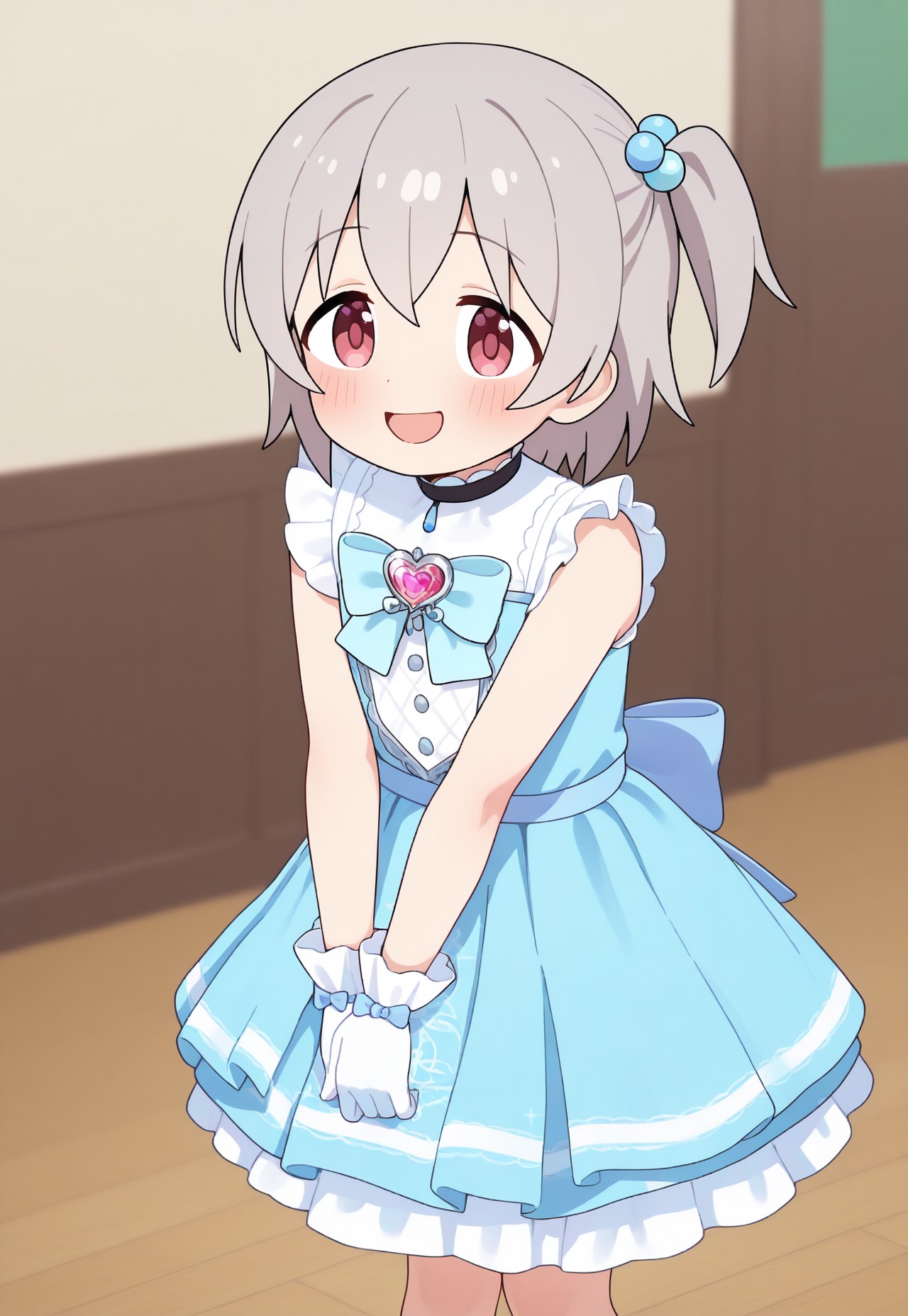 soft_pink_skin,shiny_skin,masterpiece,extremely detailed,best quality,amazing quality,newest,absurdres,highres, 1boy,  solo, Senkawa_Minato, solo, short hair, hair between eyes, grey hair, bangs, hair ornament, single side up of right, hair bobbles, littlemycinderella, gloves,  white gloves, blue dress, bow,  sleeveless, sleeveless dress, frills, heartbrooch,shy smile,blush,open_mouth, (v_arms:1.1),twisted_torso , standing , full_body,close to viewers  BREAK indoors