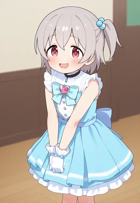 soft_pink_skin,shiny_skin,masterpiece,extremely detailed,best quality,amazing quality,newest,absurdres,highres, 1boy,  solo, Senkawa_Minato, solo, short hair, hair between eyes, grey hair, bangs, hair ornament, single side up of right, hair bobbles, littlemycinderella, gloves,  white gloves, blue dress, bow,  sleeveless, sleeveless dress, frills, heartbrooch,shy smile,blush,open_mouth, (v_arms:1.1),twisted_torso , standing , full_body,close to viewers  BREAK indoors