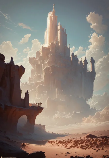 score_9, score_8_up, score_7_up, unfazed_styltwil, concept art, realistic,,
A landscape of tall dunes in a desert the stretches to the horizon. The sun is just rising above the horizon, painting the sky in vivid hues and lighting the dunes and the sand. Epic clouds catch the sunlight and a storm seems to be building in the distance. The dunes move like waves. A walking castle strides the dunes, huge and strange.