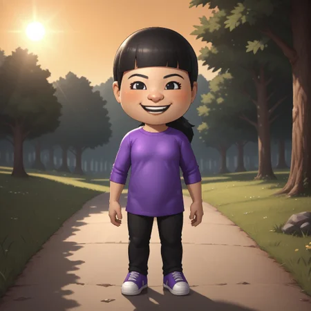 score_9, score_8, BREAK, solo, mii, wii u, wii sports club, 1girl, female mii, cute, black hair, ponytail, black eyebrows, black eyes, open mouth, teeth, blush, purple clothing, black pants, sneakers, small breasts, Pian-Pian_(\Wii_Sports_Club\), Nintendo Mii, modern_mii, classic_mii, sexy pose, smile, outdoors, sunlight, shadows, evening lighting, natural lighting, forest, trees, grass, orange sky, sunset