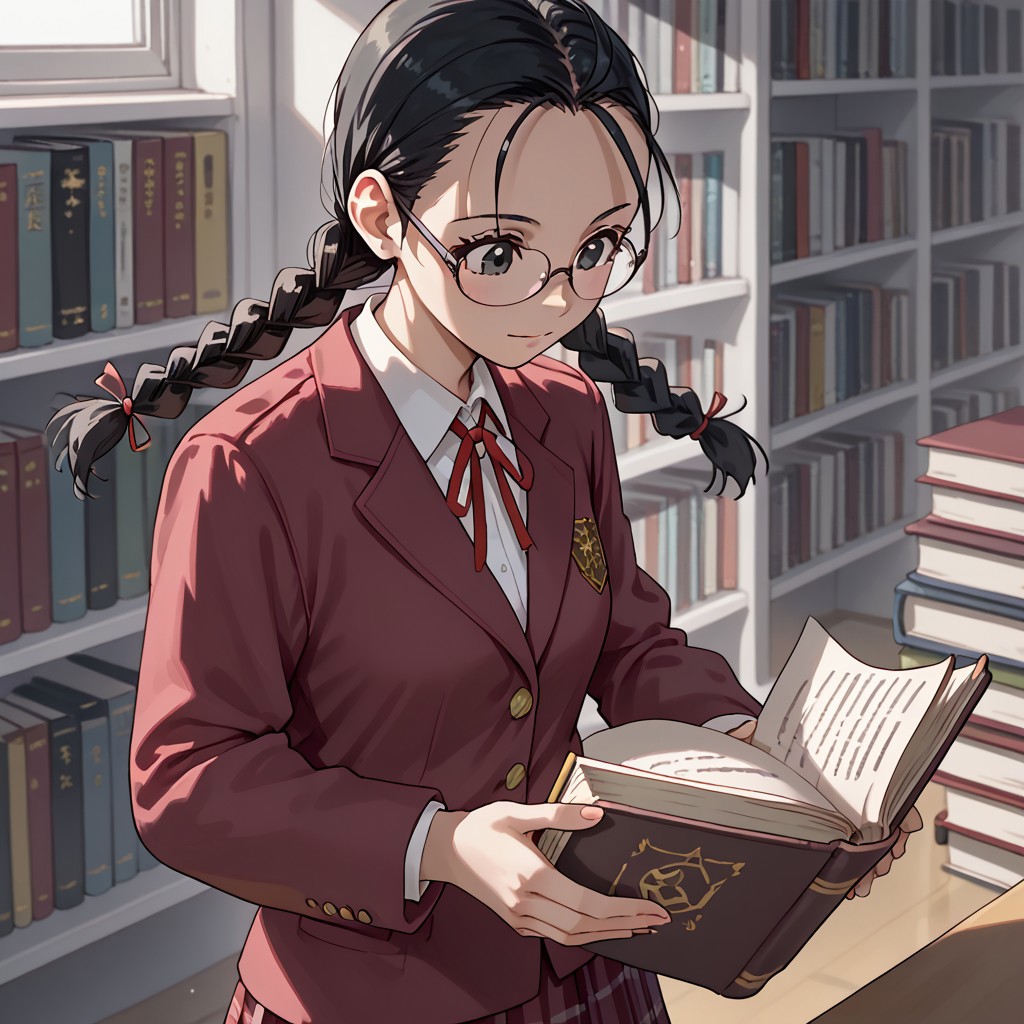 score_9, score_8, score_7, break, solo, satomi_h, 1girl, black hair, twin braids, glasses, black eyes, school uniform, jacket, skirt, medium breasts, library, reading, book, cute