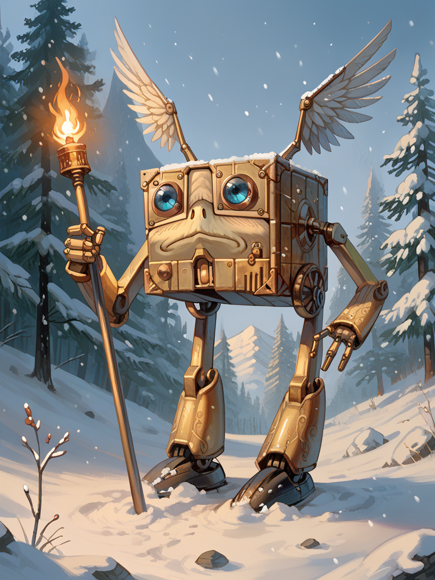 score_9, score_8_up, score_7_up, score_6_up, score_5_up, score_4_up,solo,modrone robot,cubic shape,2 arms,2legs,wings,action,dungeons and dragons,white robot,snow,torch,tundra<lora:ModronPonyV1>