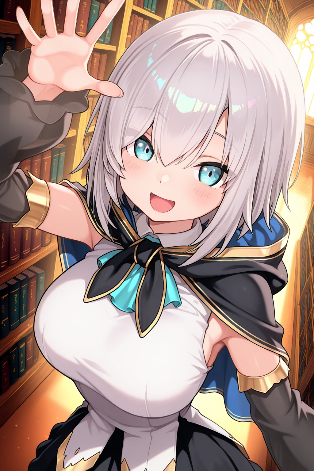 1girl, ArsAlmalNijisanji, 
general, solo, dynamic angle, from above, upper body,
short hair, grey hair, blue eyes,
hooded cape, hood down, shirts, large breasts,
detached sleeves,
black sleeves, 
black skirt,
\:D, looking at viewer,
library, fantasy,
<lora:kp_ArsAlmalNijisanji1stCostumeIllustrious_v1_0:1.0>,
masterpiece, best quality, amazing quality