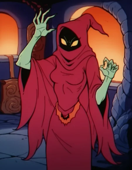 score_9, score_8_up, score_7_up, score_6_up, score_5_up, score_4_up, 1boy, hud_shadow_weaver_heman, solo, arm up, 1girl, wide sleeves, red hooded cloak, red robe, red hood, black mask, yellow eyes, green skin, retro artstyle, 1980s (style), orange bat shaped belt, breasts<lora:shadow_weaver_xlp-000008:0.8>