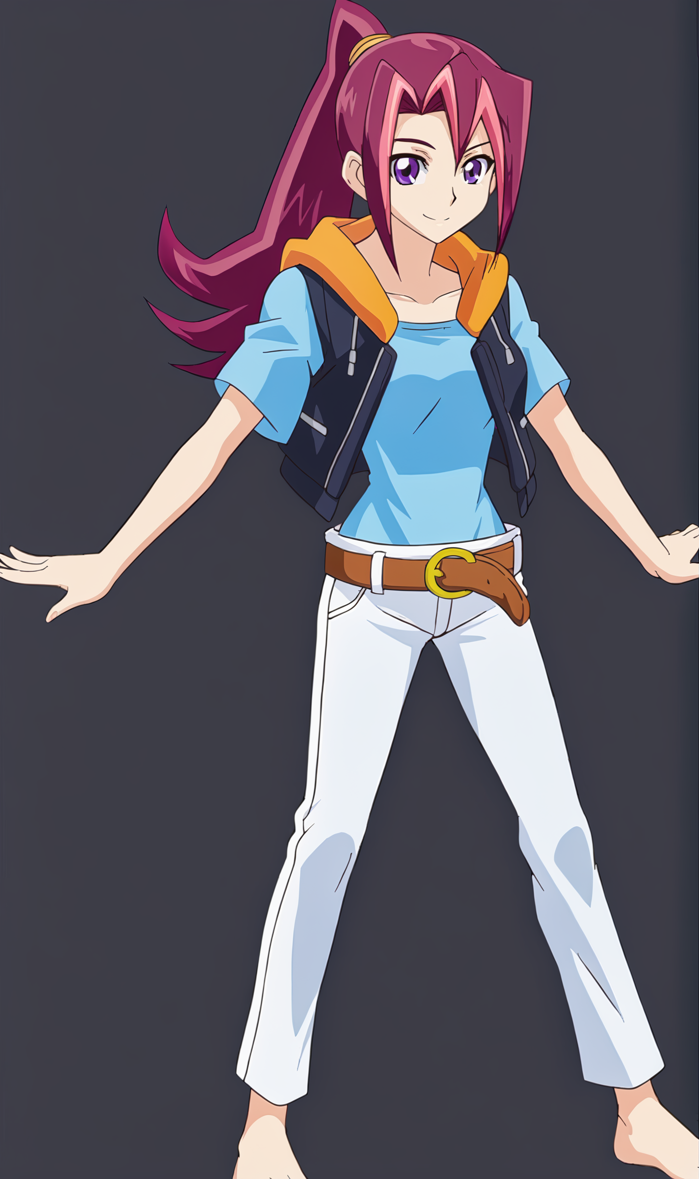 KT, 1girl, solo, pink hair, ponytail, purple eyes, hair tie, blue t-shirt, sleeveless hoodie, white pants, belt, bare feet, full body, standing, looking at viewer, smile, simple background, black background,  <lora:Kari Tsukumo Pony XL:1>