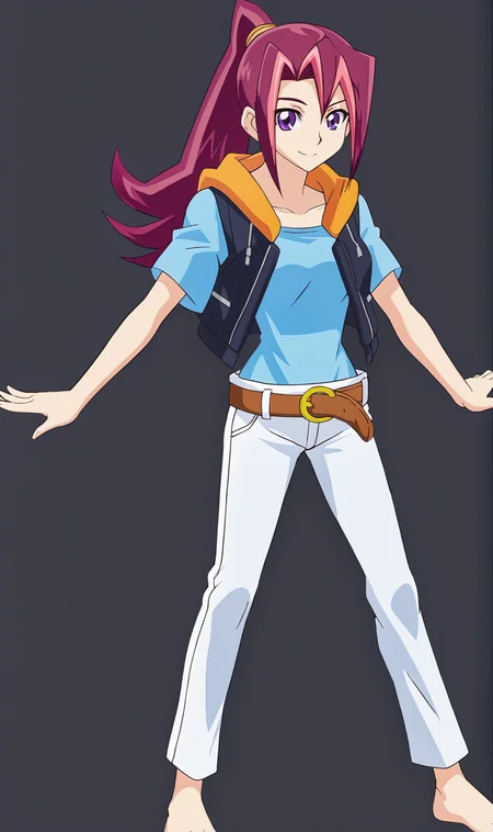 KT, 1girl, solo, pink hair, ponytail, purple eyes, hair tie, blue t-shirt, sleeveless hoodie, white pants, belt, bare feet, full body, standing, looking at viewer, smile, simple background, black background, <lora:Kari Tsukumo Pony XL:1>