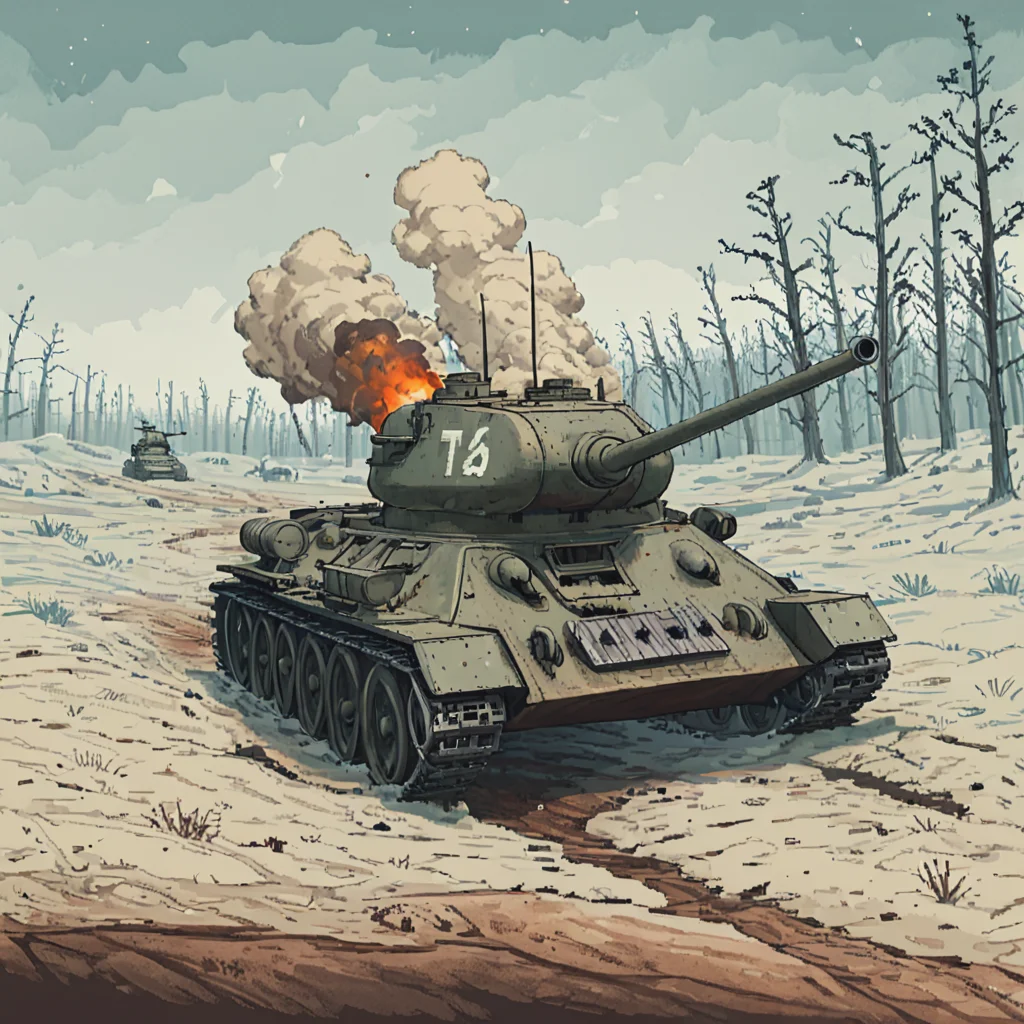 a t3485tnk tank is driving across a frozen battlefield, eastern front, russian steppes, broken trees, smoke, fog, snow, ((pulp_comic, heavy_lines, hand_drawn, hand_inked, hand_colored, apxlz))