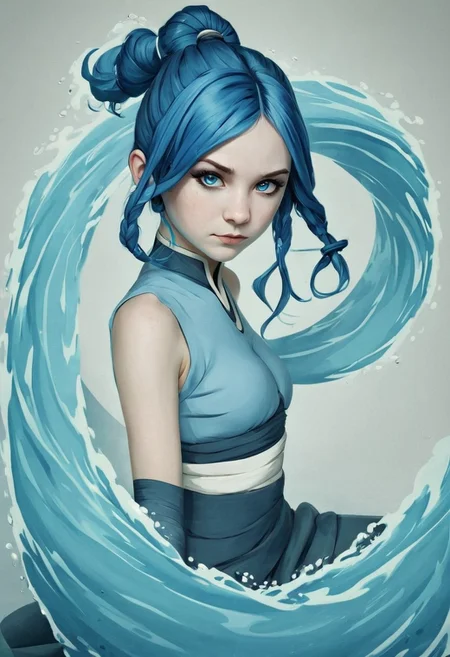 Pretty girl, blue hair, eyeliner, pale skin, waterbending <lora:Waterbending-04:1.4>
