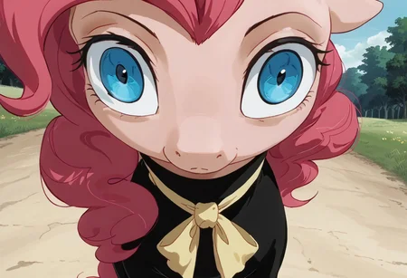score_9, score_8_up, score_7_up, anime screencap, BREAK, my little pony Pinkie Pie, a pink earth pony with blue eyes, source_feral, outdoors, daylight, insanity-angle, expressionless face, source_anime, retro anime style,