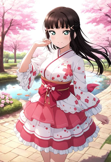 masterpiece, best quality, solo, 1girl, happy, aged up,
dia_kurosawa, kurosawa_dia, long hair, bangs, black hair, hair ornament, green eyes, sidelocks, hairclip, blunt bangs, mole, mole under mouth, medium breasts, skirt, frilled sleeves, layered skirt, traditional Japanese idol outfit, floral kimono patterns, hairpin with sakura charm, serene garden, stone path, koi pond, cherry blossoms in bloom, peaceful daytime setting, refined and elegant atmosphere