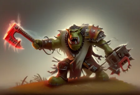 Score_9_up, absurdres, source: GamesWorkshop, grimdark, gothic horror, setting: Warhammer 40000, a snarling ork is waving an chain axe in one hand and firing a bolter in the other, lifelike, hyperrealism, perfect hands, perfect anatomy, project unreal engine
