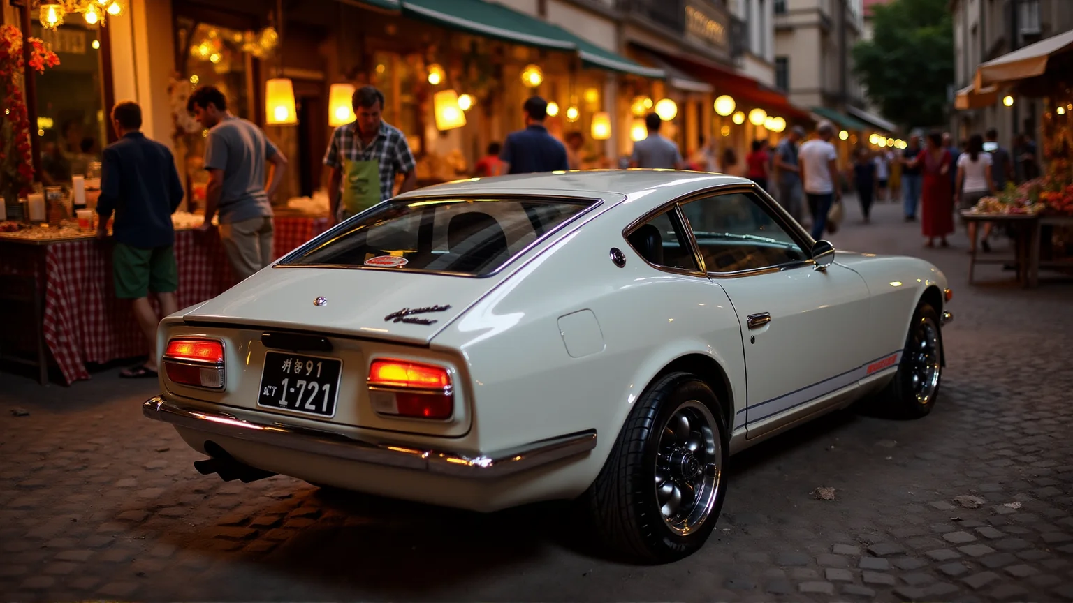 Amidst the lively chaos of a European market square, a 1972 Nissan Datsun 240Z Fairlady in sleek pearl white sits parked near a row of colorful stalls. Its round tail lights glow faintly, matching the warm, golden light spilling from nearby lanterns. Market-goers pass by with baskets of goods, their vibrant clothing adding splashes of color to the scene. The carâs chrome-accented fuel cap and polished bumpers reflect the activity around it, blending vintage charm with the vibrant, lively atmosphere
<lora:ral-nssndtsn_000001000:1>